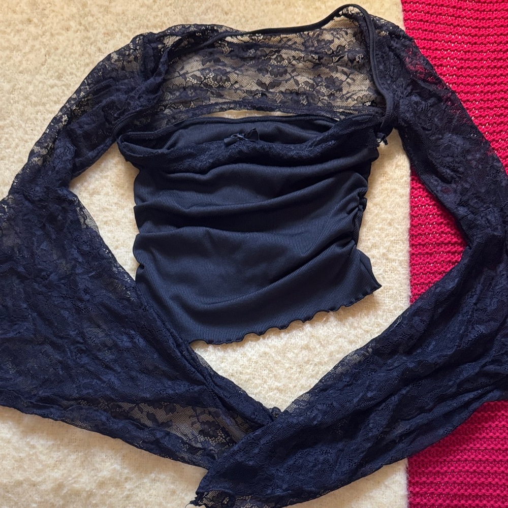 ROMWE Navy Lace Long Sleeve Top